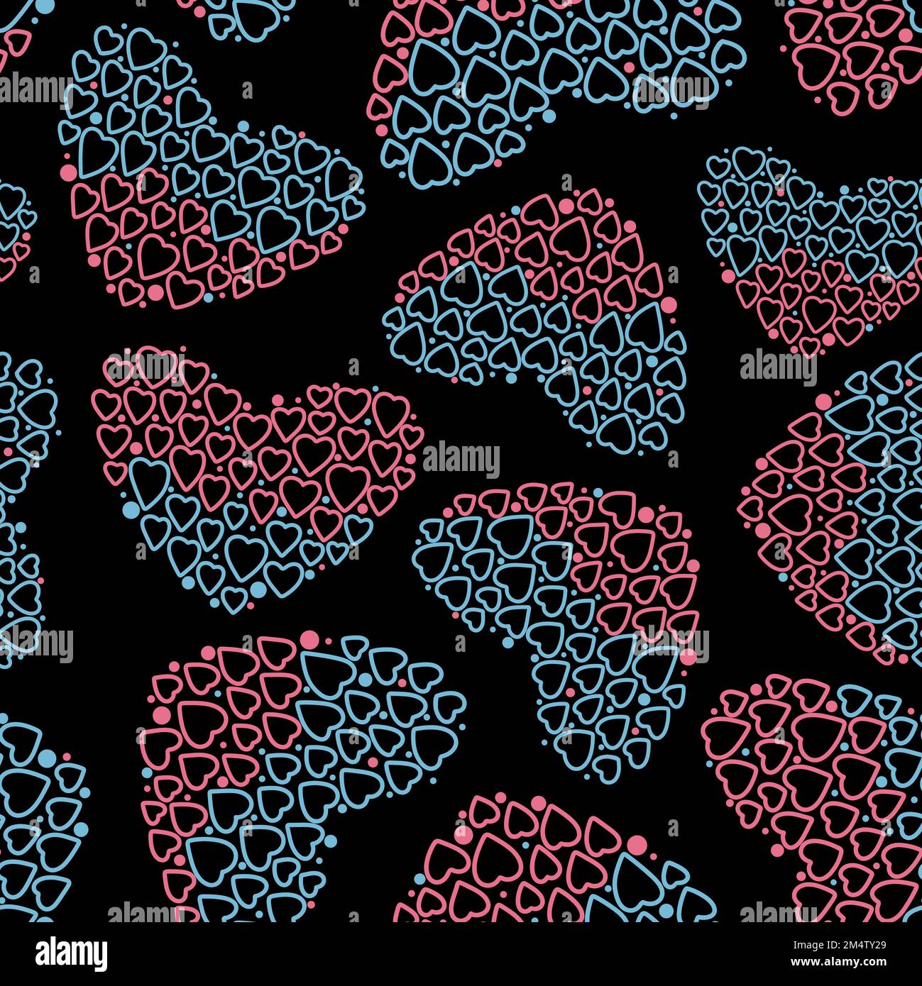 Le sexe révèle l'arrière-plan de la partie. Ensemble de petits coeurs en forme de grand coeur. Coeurs et points roses et bleus dessinés à la main sur fond noir. Banque D'Images