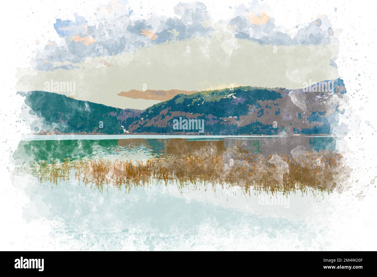 Aquarelle art Abant paysage de lac en Turquie. Peinture aquarelle de la nature, lac, montagne. Bolu Abant Turquie Banque D'Images