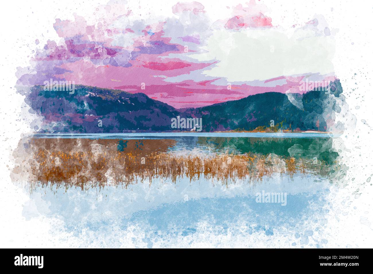 Aquarelle art Abant paysage de lac en Turquie. Peinture aquarelle de la nature, lac, montagne. Bolu Abant Turquie Banque D'Images