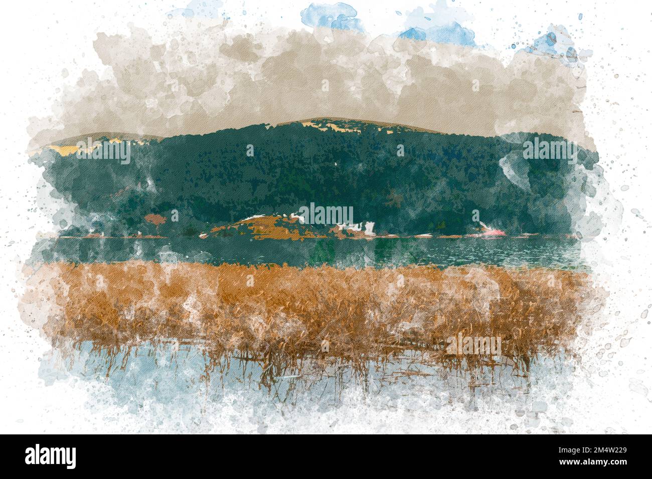 Aquarelle art Abant paysage de lac en Turquie. Peinture aquarelle de la nature, lac, montagne. Bolu Abant Turquie Banque D'Images