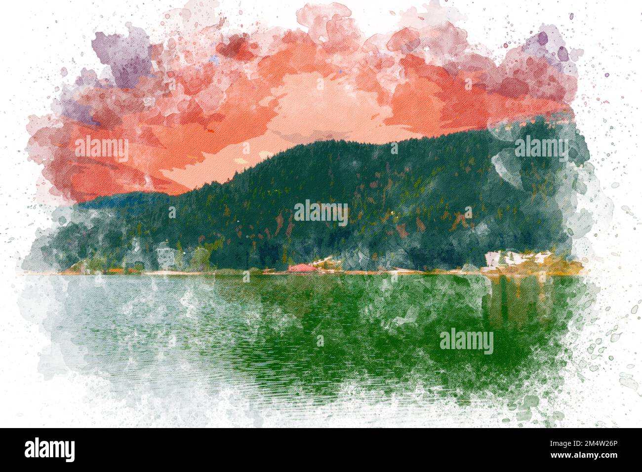 Aquarelle art Abant paysage de lac en Turquie. Peinture aquarelle de la nature, lac, montagne. Bolu Abant Turquie Banque D'Images