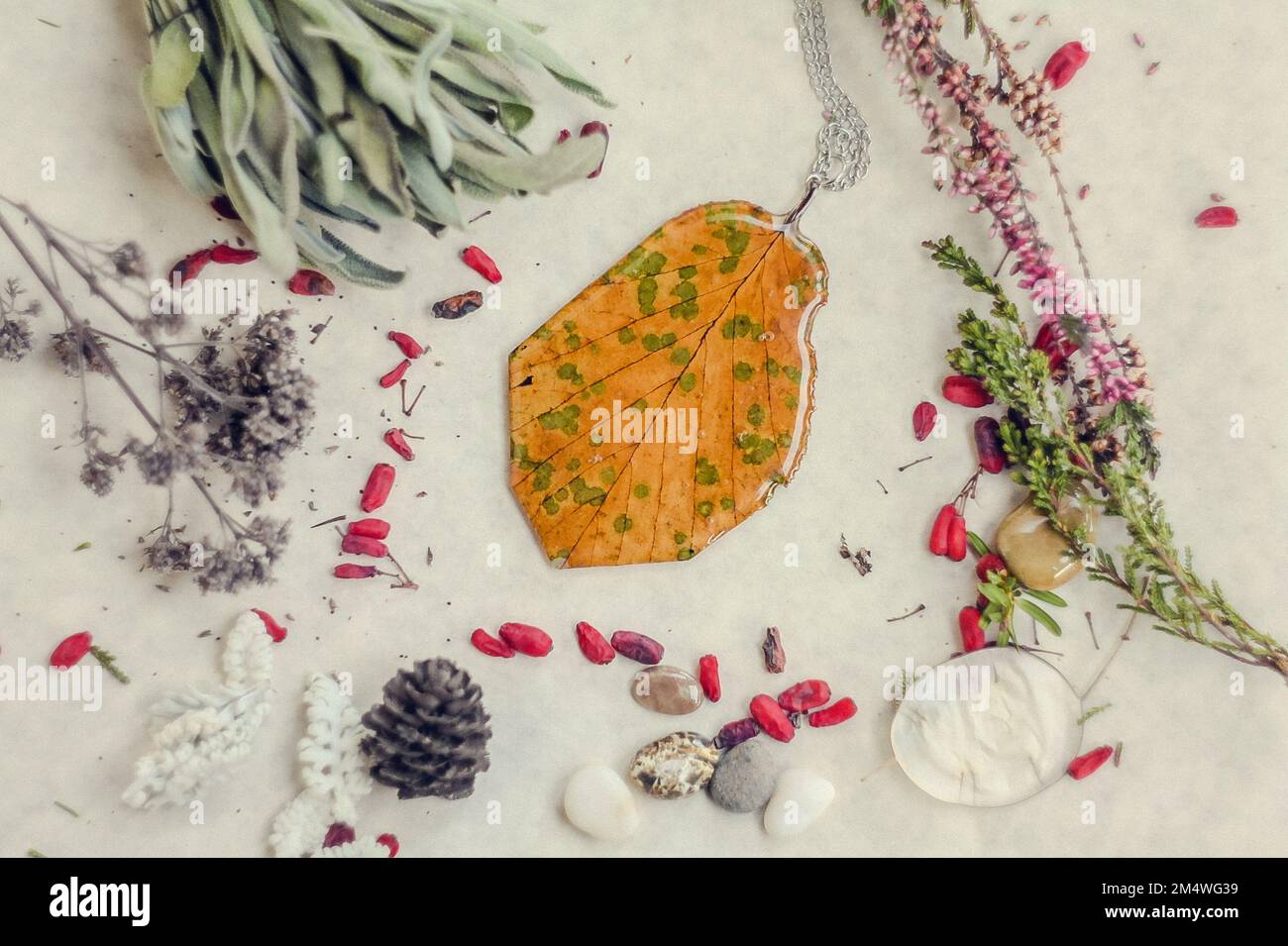 Pendentif gros plan avec feuilles sèches et éléments floraux concept photo Banque D'Images