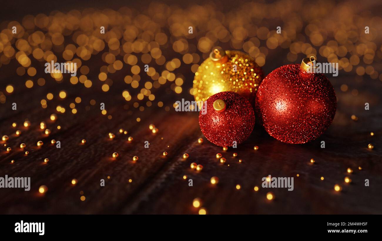 Boules de Noël avec effet de flou sur fond de bois sombre. 3d rendu Banque D'Images
