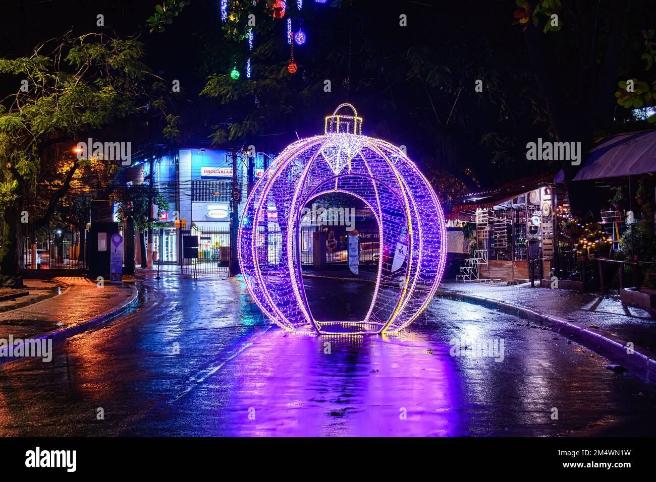 Décoration de Noël illuminée de couleur pourpre. La lumière se reflète sur le sol mouillé. Le parc São Bento est un endroit célèbre et une attraction touristique. Banque D'Images