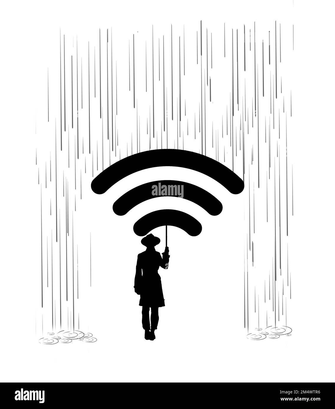 Un homme marche sous la pluie avec une icône Wi-Fi comme parapluie dans une illustration de la façon dont un point d'accès Wi-Fi peut se sauvegarder pendant les pannes de cabl d'urgence Banque D'Images