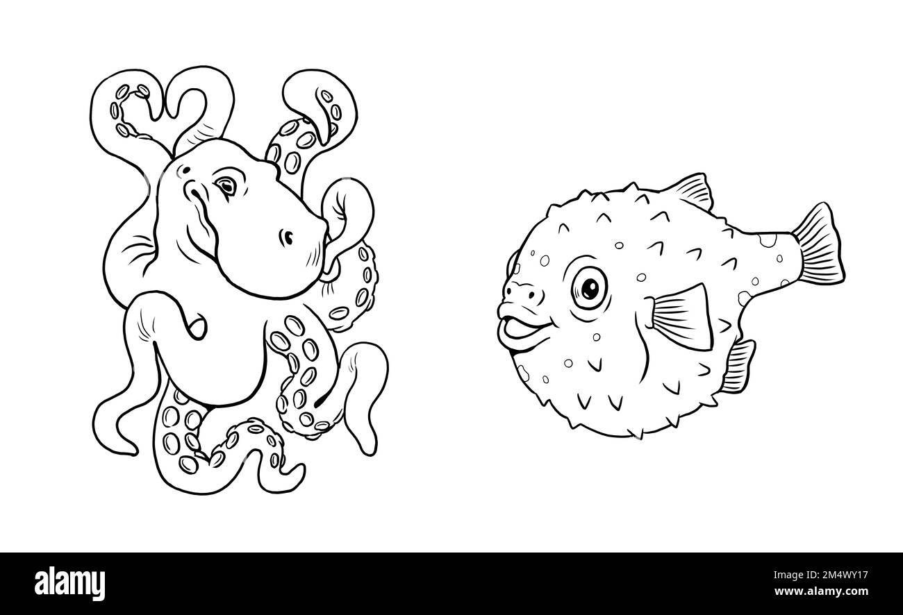Joli poulpe et poisson-souffleur à colorer. Modèle pour un livre de coloriage avec des animaux amusants. Modèle de coloriage pour enfants. Banque D'Images