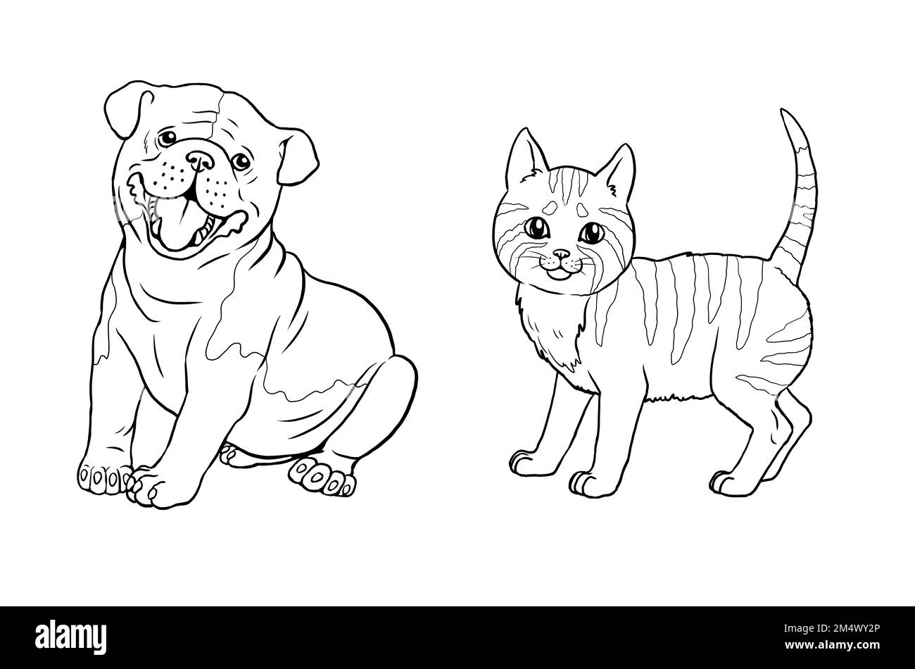 Page de coloriage de chat et de boudogue anglais mignonne. Modèle pour un livre de coloriage avec des animaux amusants. Modèle de coloriage pour enfants. Banque D'Images