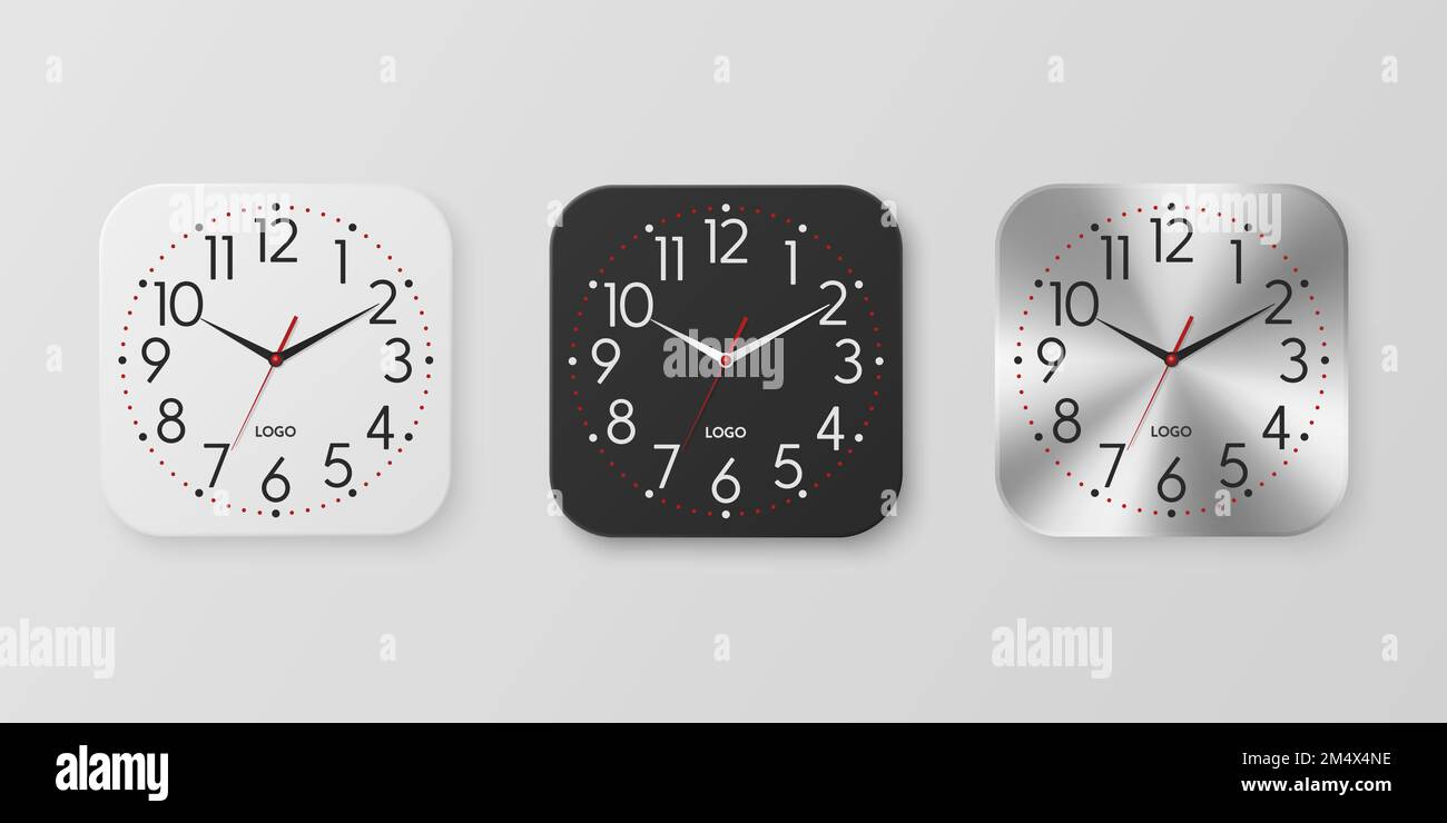 Vector 3D Realistic White, Black, Silver Square Wall Office Clock Icon Set, Design Template Isolated. Cadran, maquette d'horloge murale pour marquage et Illustration de Vecteur