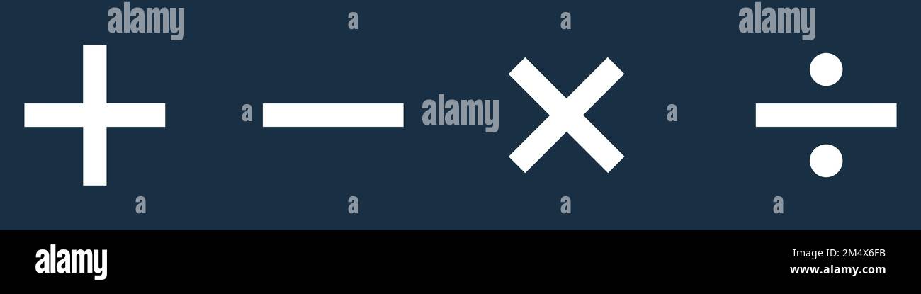 Icônes blanches sur fond bleu foncé. Symbole mathématique de base. Ensemble d'icônes plus et moins. Symbole mathématique. Icône de multiplication. symbole. Calculatrice. Illustration de Vecteur