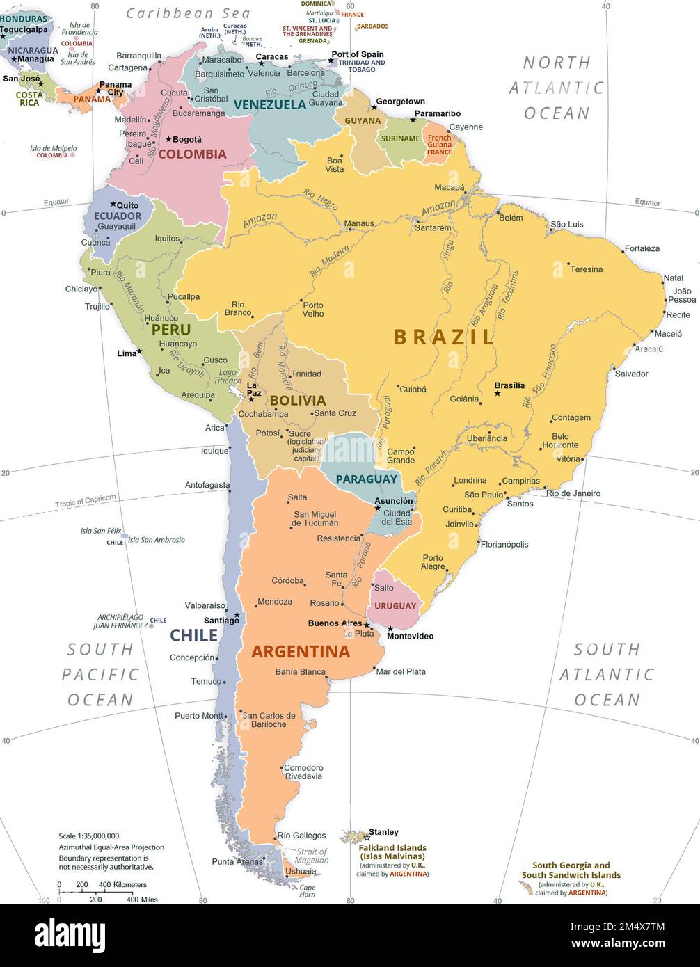 Carte politique de l'Amérique du Sud. Banque D'Images