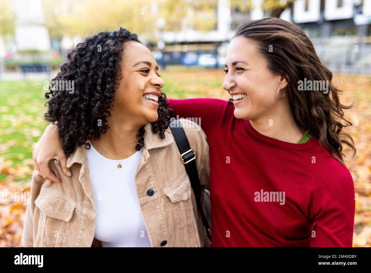 Femme souriante avec le bras autour d'un ami au parc Banque D'Images