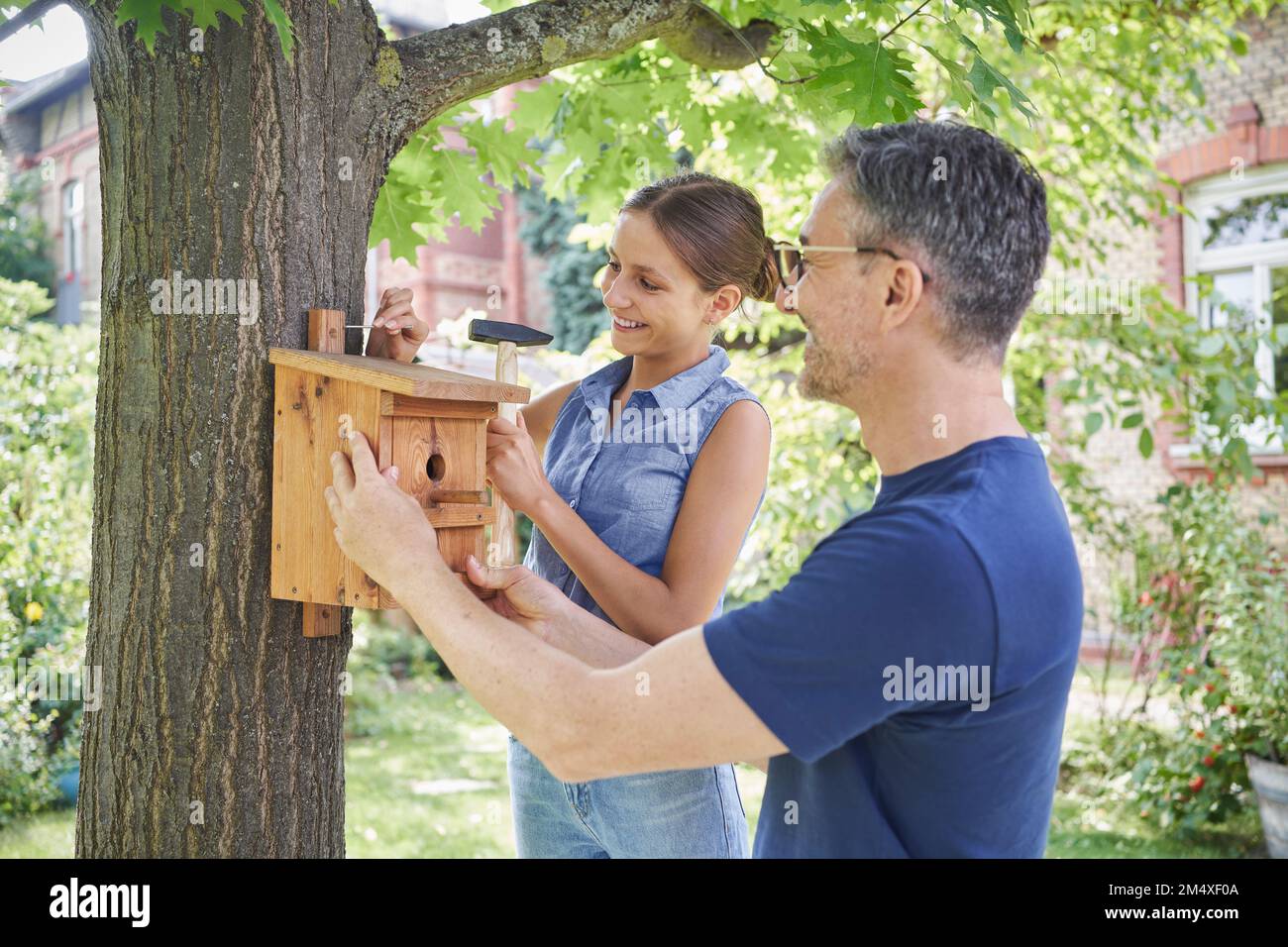 Homme souriant avec une petite boîte à nid suspendue sur le tronc de l'arbre dans le jardin Banque D'Images