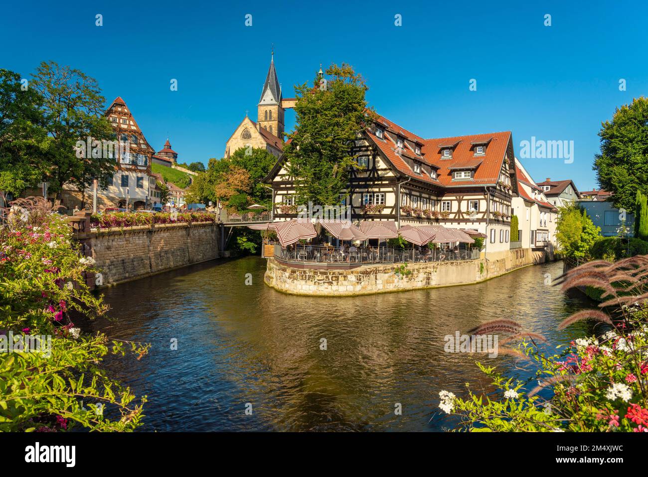 Allemagne, Bade-Wurtemberg, Esslingen, petite Venise, Rossneckarkanal et menuiserie historique Banque D'Images