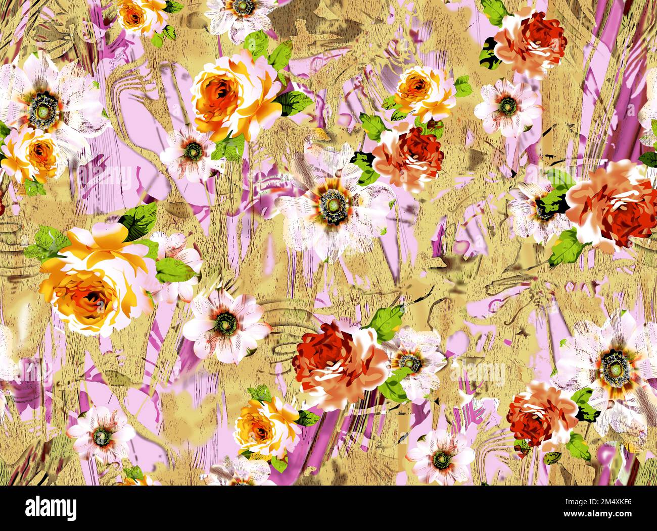 Fleur numérique colorée avec texture fond motif floral pour usage textile. Motif fleuri sans couture pour Kurti, jupe et robes. Banque D'Images