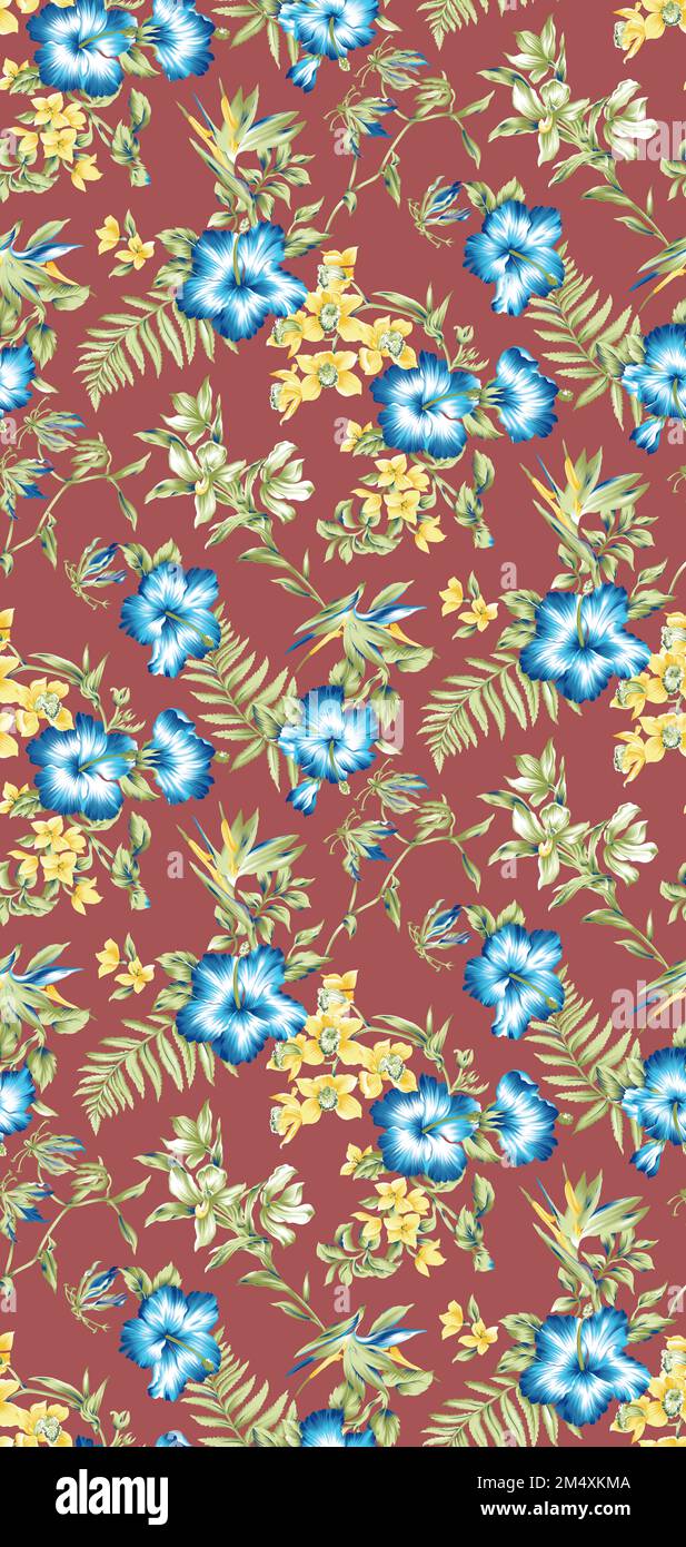 Fleurs bleues avec feuilles vertes sur fond plan motif floral pour usage textile. Motif fleuri sans couture pour Kurti, jupe et robes. Banque D'Images