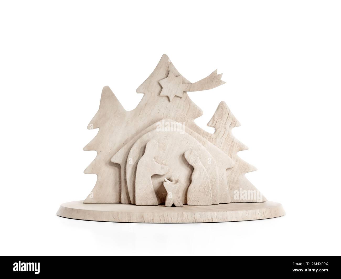 3D rendu de la scène native de berceau de Noël coupé de bois sur fond blanc Banque D'Images
