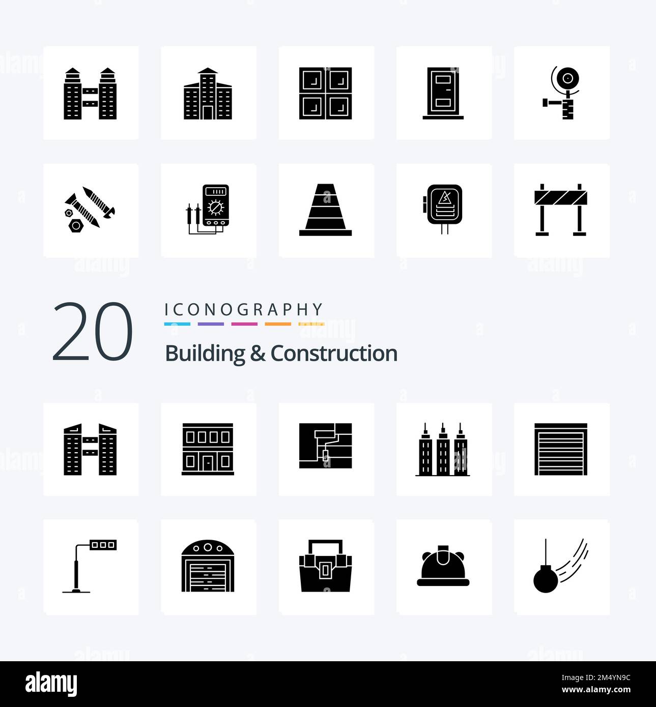 20 Construction et bâtiment solide Glyph icône Pack comme maison ville peinture construction de porte Illustration de Vecteur