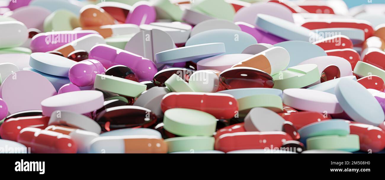 Gros plan sur l'arrière-plan de la pilule. Beaucoup de pilules colorées, des médicaments. Pharmacie, produits pharmaceutiques, suppléments et vitamines concept. Pilules, comprimés et capsules mac Banque D'Images