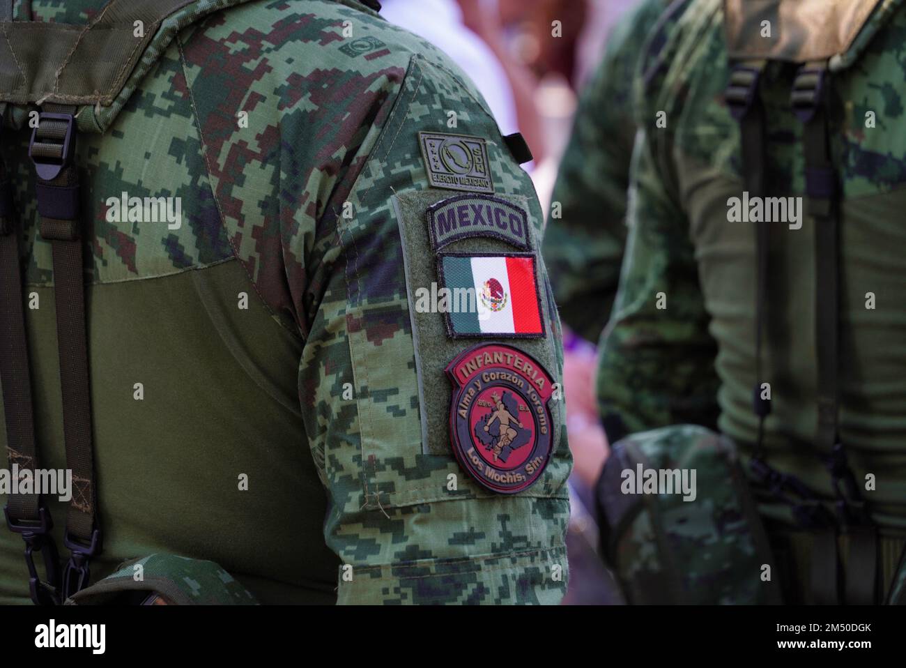 Un gros plan des pièces d'épaule des soldats mexicains lors d'une cérémonie civique le jour du drapeau mexicain Banque D'Images
