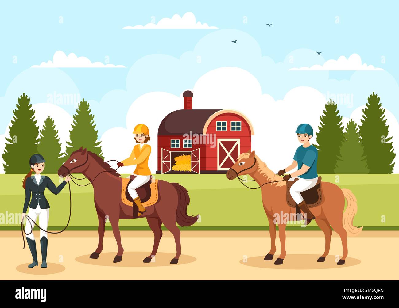 Entraîneur équestre de sport avec entraînement, leçons d'équitation et chevaux de course à pied en dessin animé à la main dessin-modèle Illustration Illustration de Vecteur