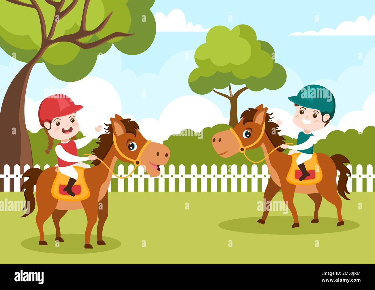 Equitation Sport Horse Trainer avec enfants chevaux d'équitation et courir dans un dessin animé à la main dessin de dessin animé à la main Illustration du modèle Illustration de Vecteur