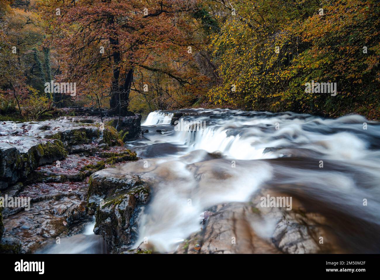 Chutes d'eau Sgwd y Pannwr le long de la promenade des quatre chutes d'eau, Waterfall Country, parc national de Brecon Beacons, pays de Galles du Sud, Royaume-Uni. Exposition longue. Banque D'Images