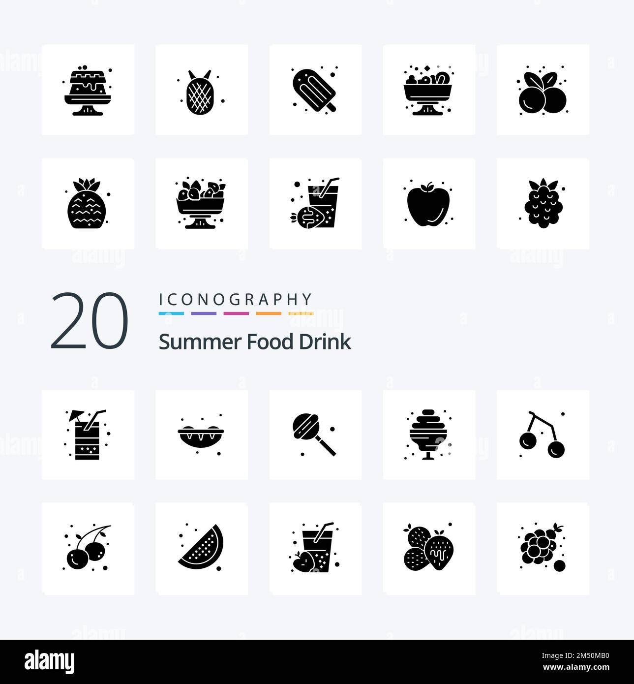 20 Summer Food Drink Solid Glyph Icon Pack comme bonbon d'été de fruits sucrerie d'été Illustration de Vecteur