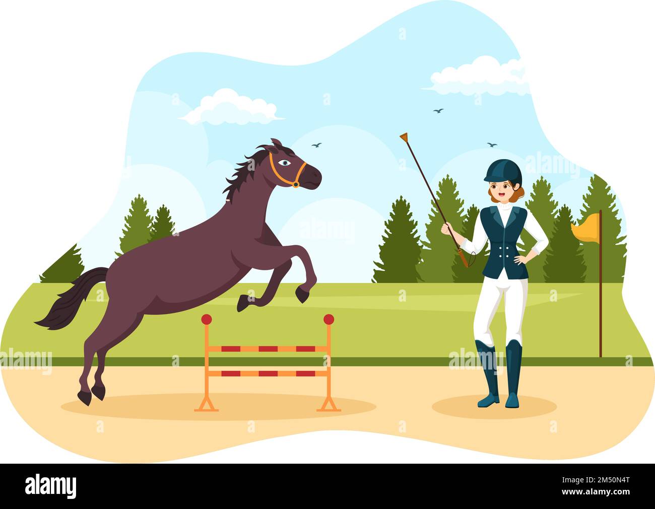 Entraîneur équestre de sport avec entraînement, leçons d'équitation et chevaux de course à pied en dessin animé à la main dessin-modèle Illustration Illustration de Vecteur