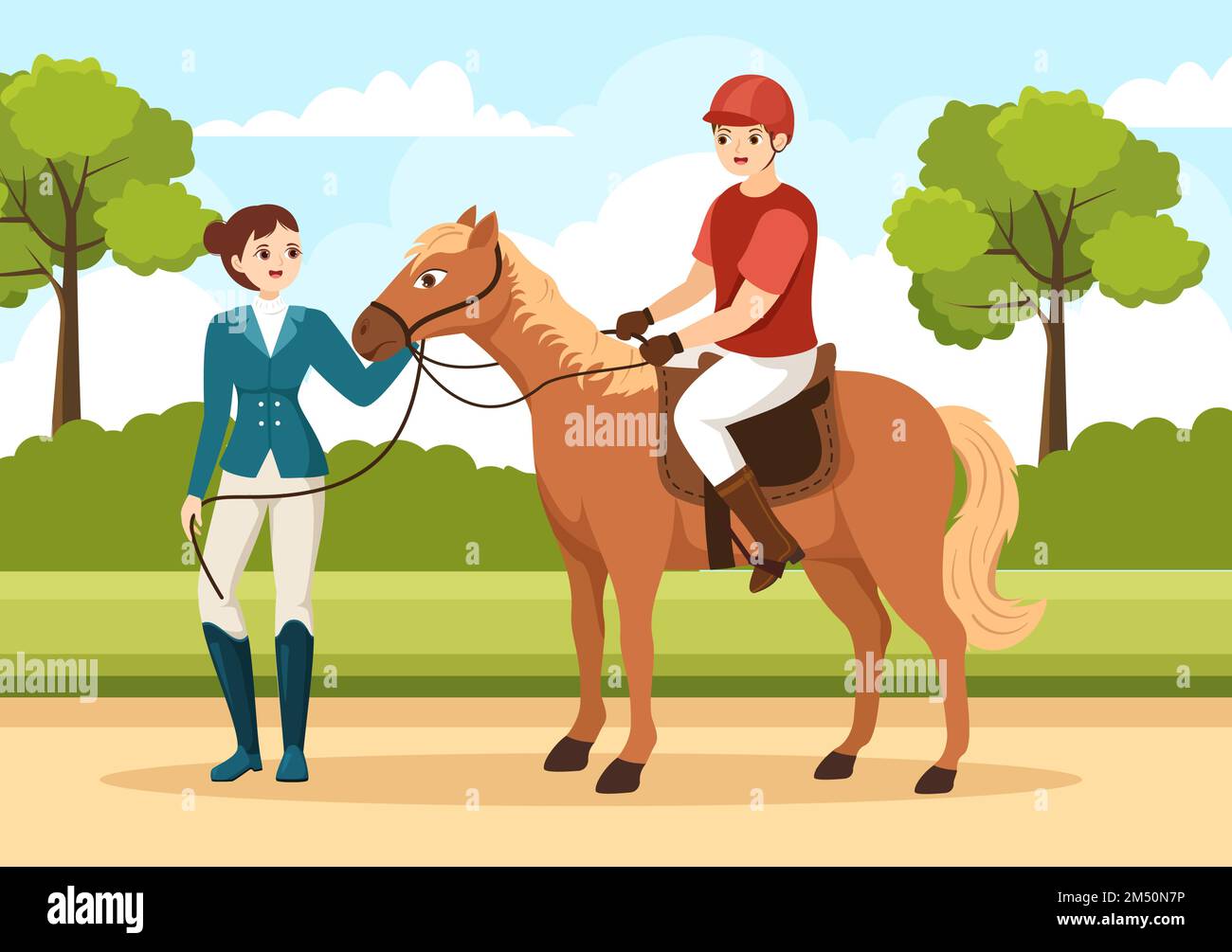 Entraîneur équestre de sport avec entraînement, leçons d'équitation et chevaux de course à pied en dessin animé à la main dessin-modèle Illustration Illustration de Vecteur
