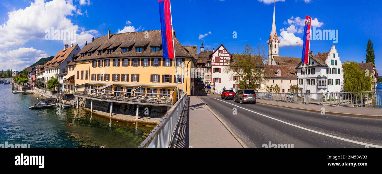 Vue panoramique de la belle vieille ville de Stein am Rhein en Suisse frontière avec l'Allemagne. Destination touristique populaire Banque D'Images