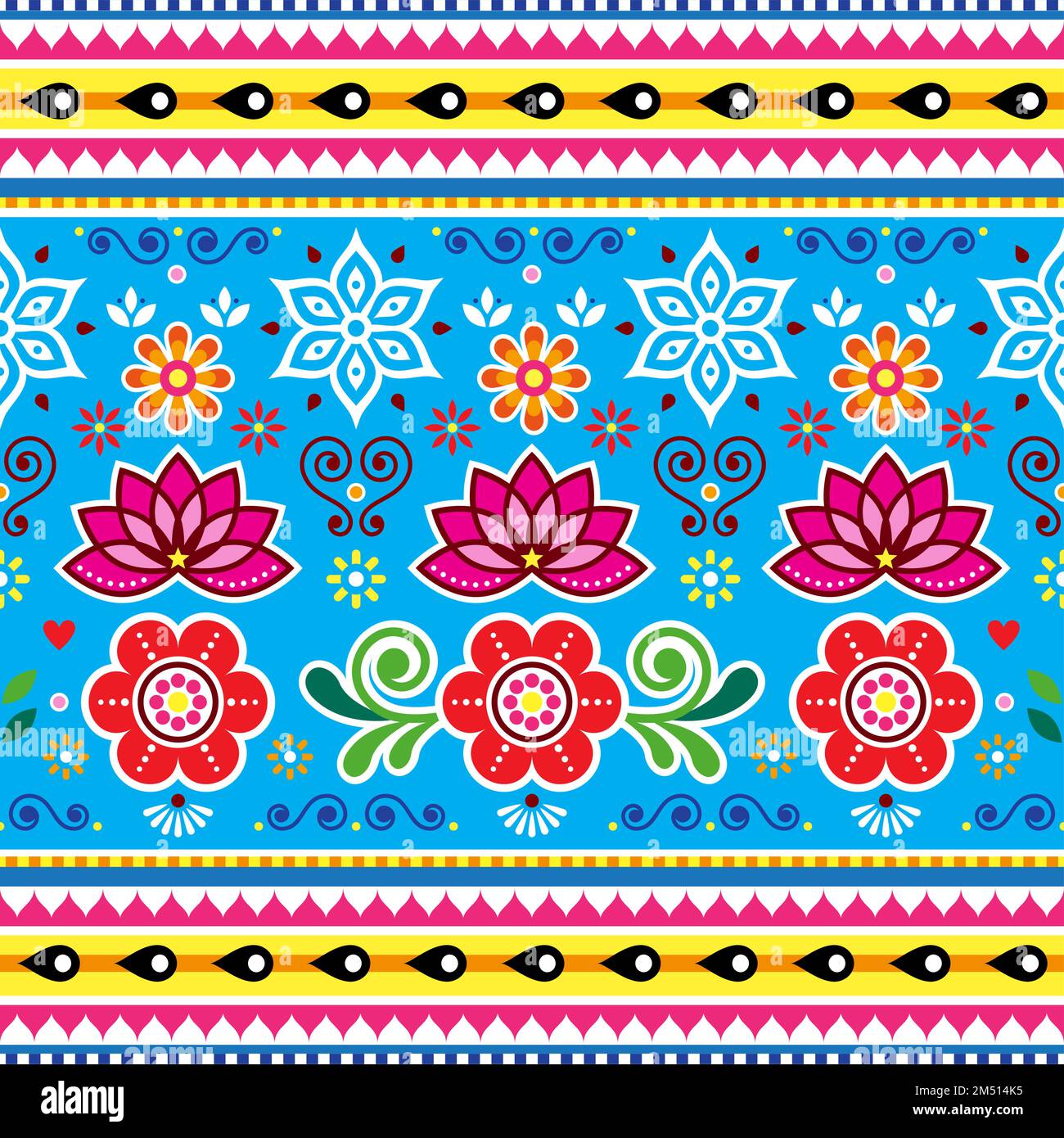 Motif vectoriel pakistanais et indien sans couture avec fleurs de lotus, motif camion de jingle en bleu, rouge, rose et jaune Illustration de Vecteur