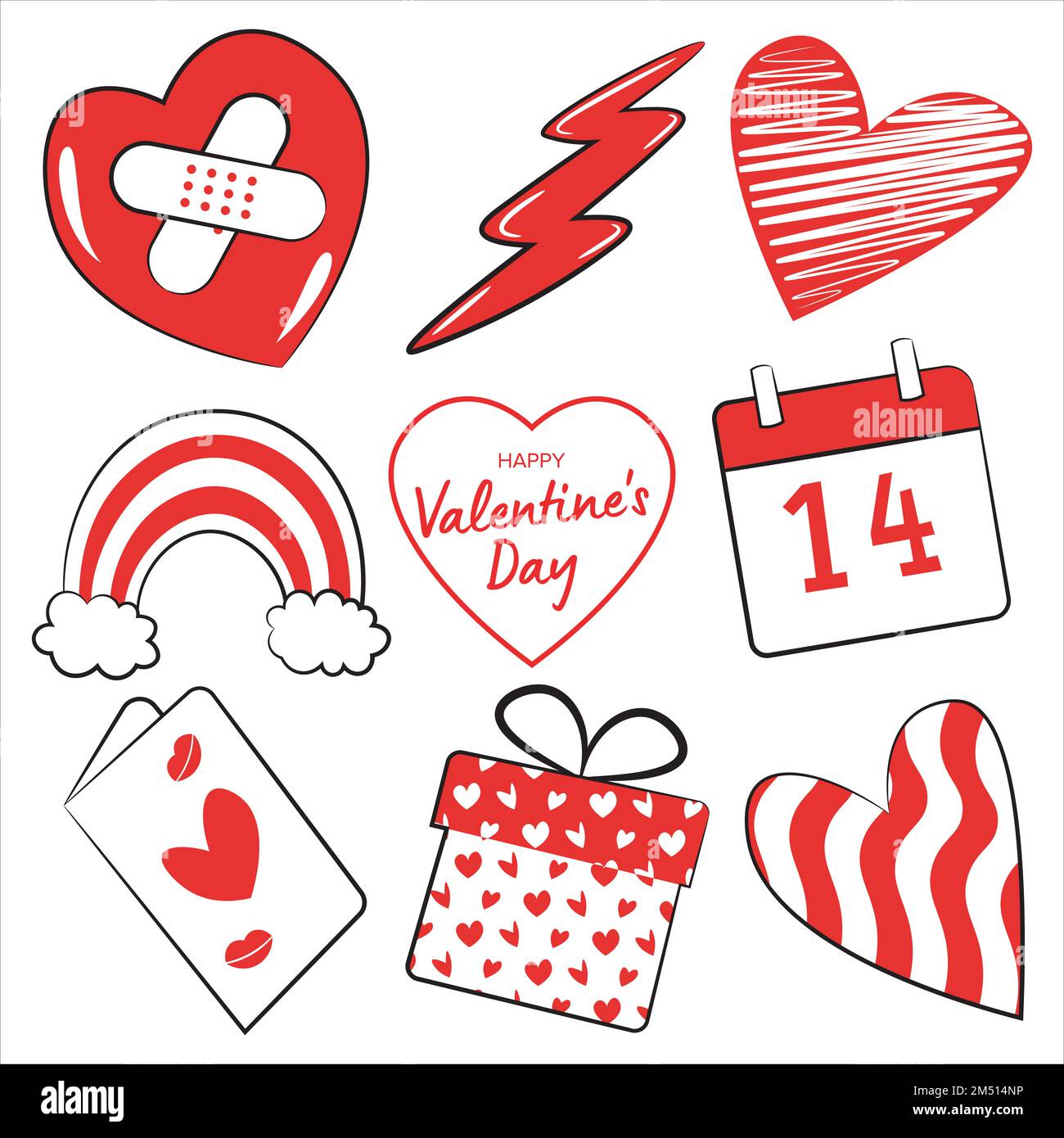 ensemble d'éléments de jour de saint valentin heureux, coeur avec des patches, tonnerre, arc-en-ciel, carte postale, calendrier, et les coeurs avec des tissus Illustration de Vecteur