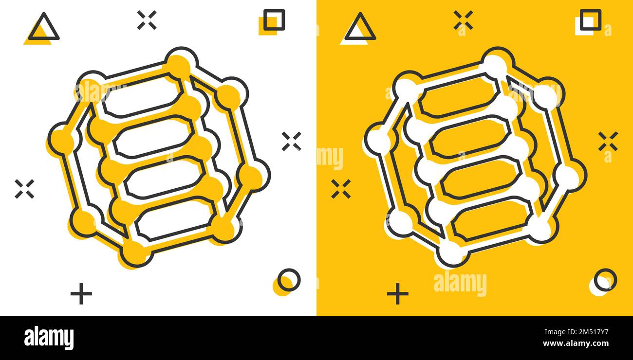 L'icône de la molécule d'ADN dans le style comique. Illustration vectorielle Atom sur fond blanc isolé. Concept commercial de signe d'effet de splash en spirale moléculaire. Illustration de Vecteur