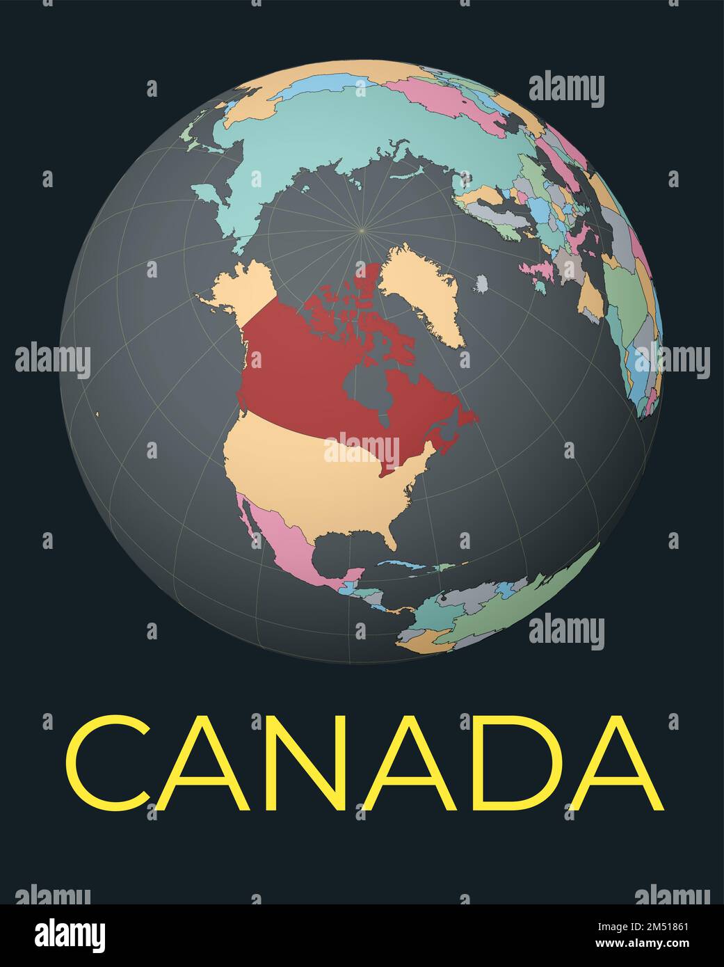 Carte du monde centrée sur le Canada. Pays rouge mis en surbrillance. Vue mondiale satellite centrée sur le pays avec le nom. Illustration vectorielle. Illustration de Vecteur