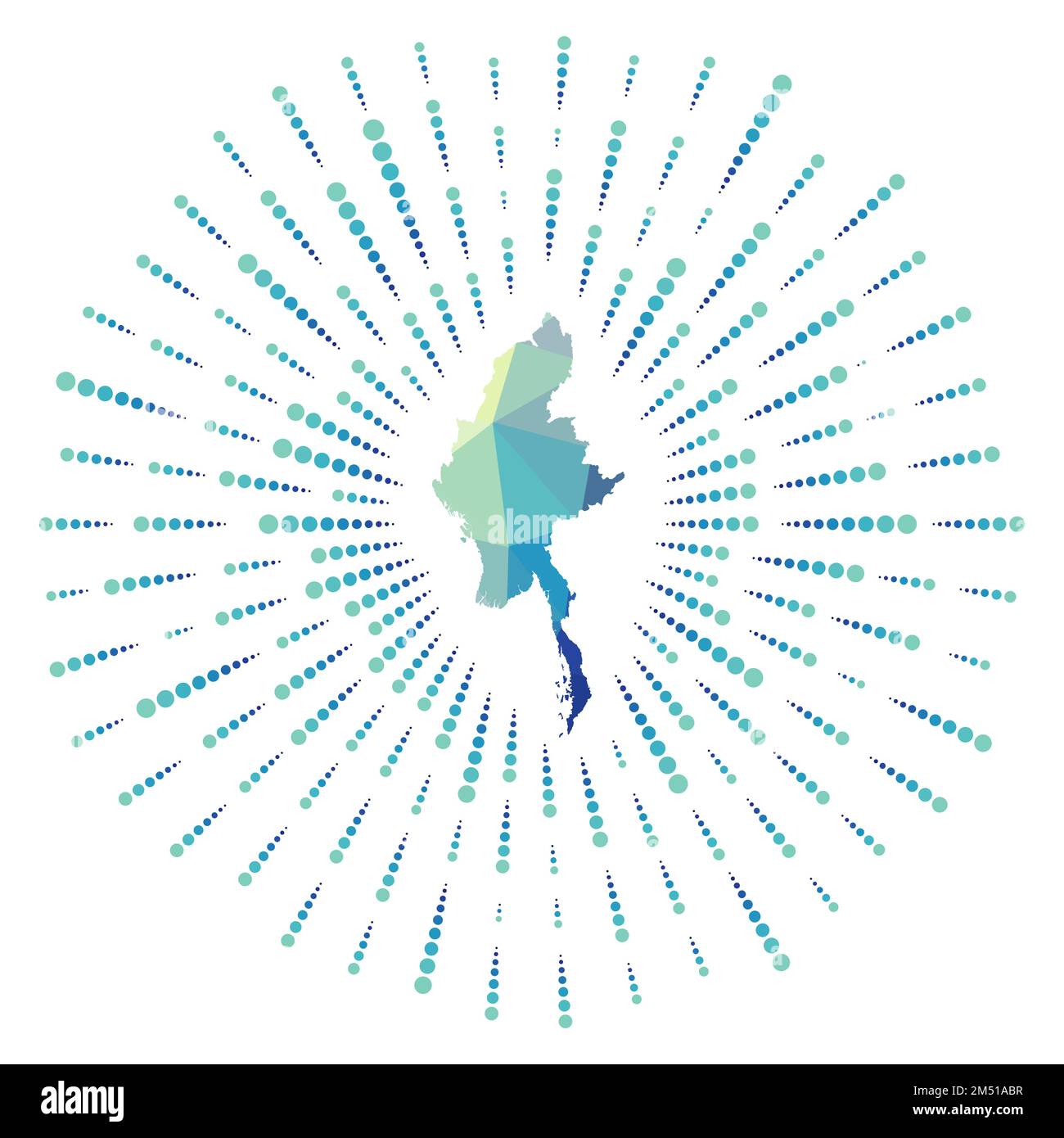 Forme du Myanmar, éclat de soleil polygonal. Carte du pays avec des rayons étoilés colorés. Illustration de Vecteur