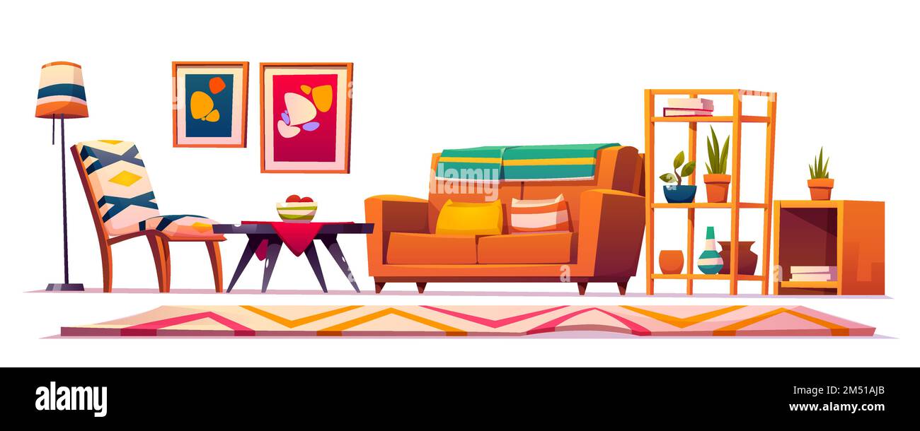 Boho, intérieur de salon bohème, mobilier en bois, canapé, étagère avec plantes, chiffon avec motifs géométriques, tableaux abstraits sur le mur, table basse, design de style hipster. Illustration vectorielle de dessin animé Illustration de Vecteur