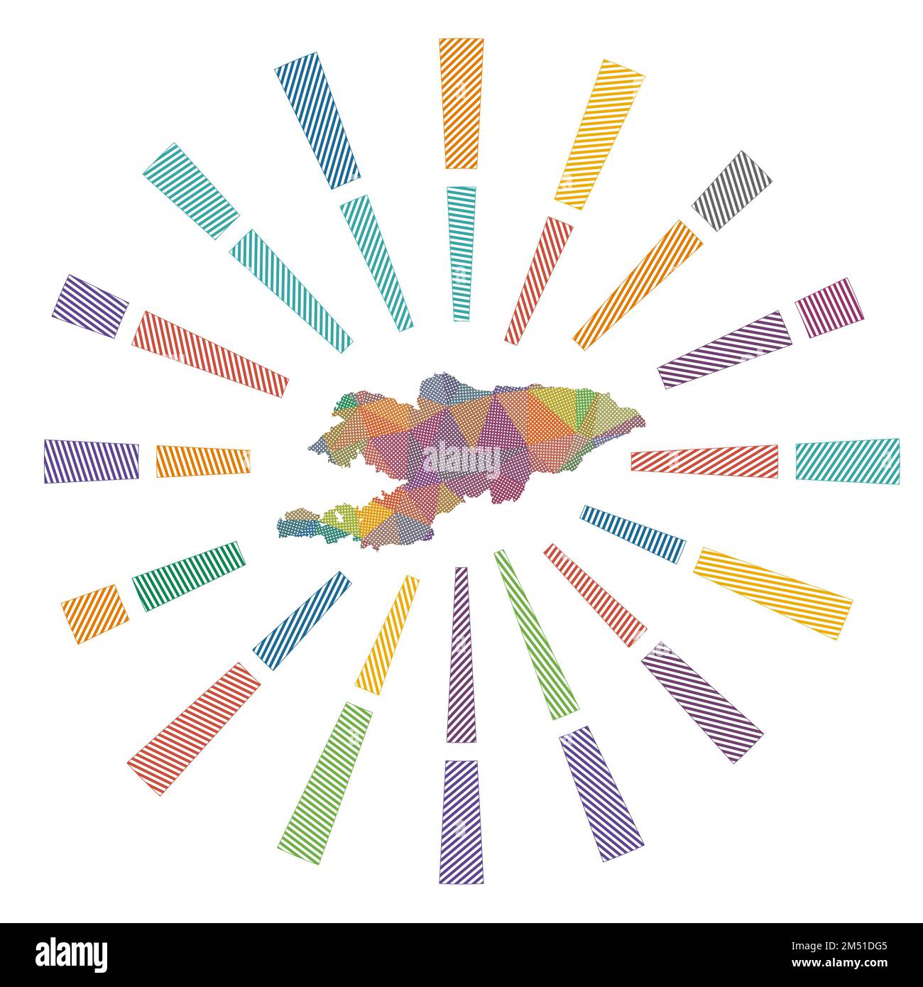 Le Kirghizistan a pris le soleil. Faible rayure de poly rayés et carte du pays. Illustration vectorielle attrayante. Illustration de Vecteur