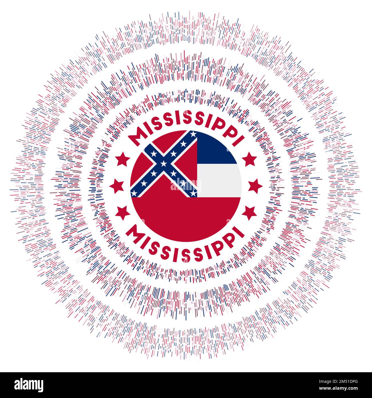 Symbole Mississippi. Drapeau de l'État américain rayonnant avec des rayons colorés. Éclat de soleil brillant avec drapeau du Mississippi. Illustration vectorielle soignée. Illustration de Vecteur