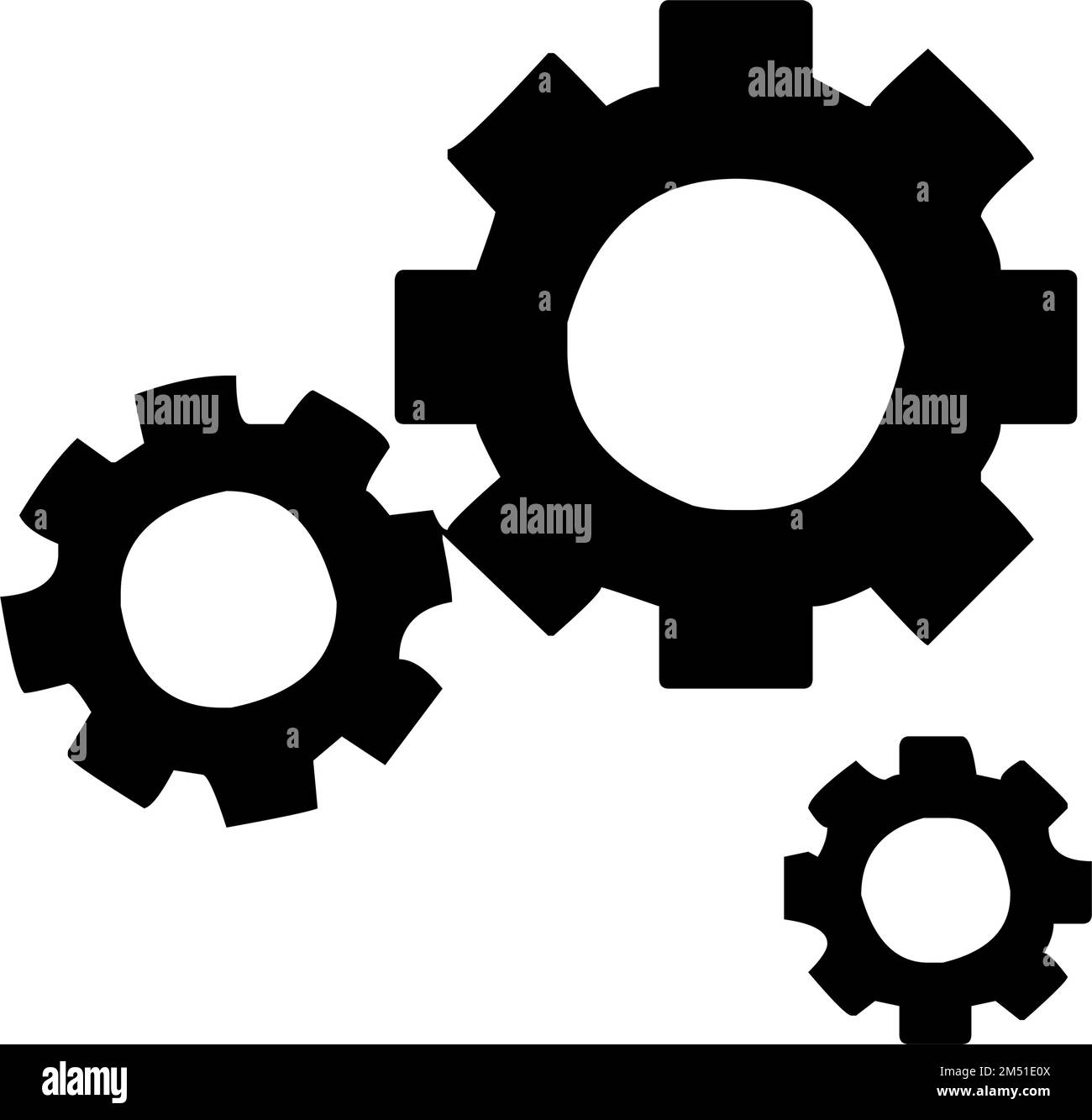 3 roues dentées en rotation, mécanisme de roue dentée, engrenages rotatifs, symbole de travail et de progression, graphique, esquisse, contour, vecteur, illustration, en noir Illustration de Vecteur