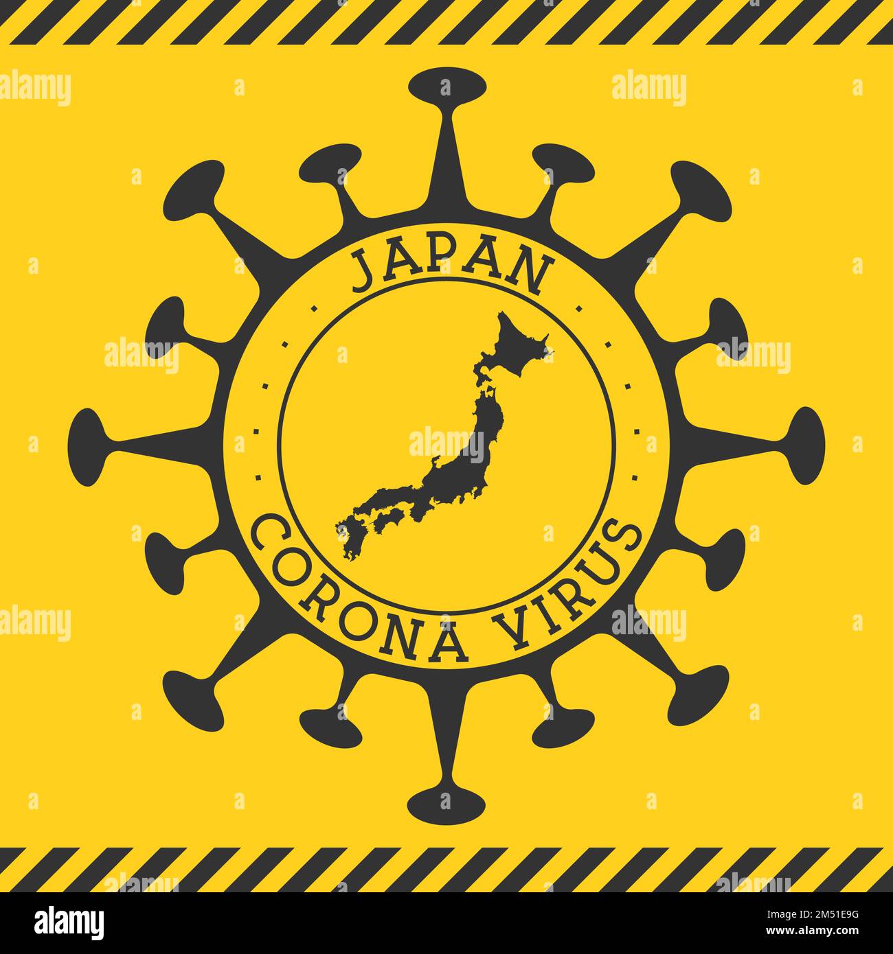 Coronavirus au Japon signe. Badge rond avec forme de virus et carte du Japon. Tampon de confinement épidémique Yellow Country. Illustration vectorielle. Illustration de Vecteur
