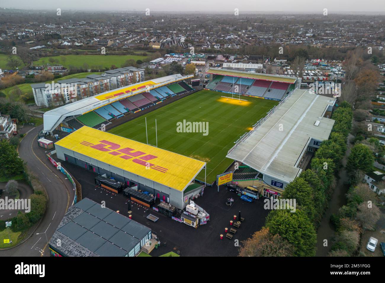 Vue aérienne de Twickenham Stoop, stade de l'équipe de rugby Harlequins, Londres, Royaume-Uni. Banque D'Images