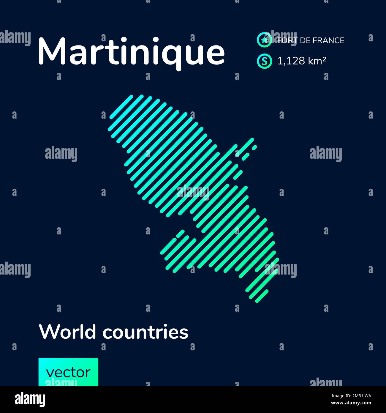 Vector créatif numérique néon plat art abstrait carte simple de la Martinique avec vert, menthe, turquoise texture rayée sur fond bleu foncé. EDUC Illustration de Vecteur