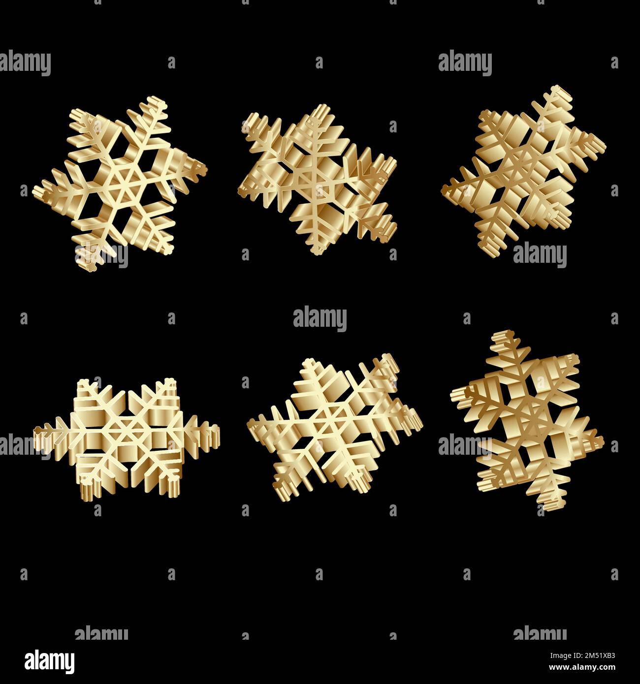 Ensemble de flocons de neige décoratifs métalliques dorés. Éléments de décoration de fête. Objet 3D isolé sur fond noir. Illustration de Vecteur