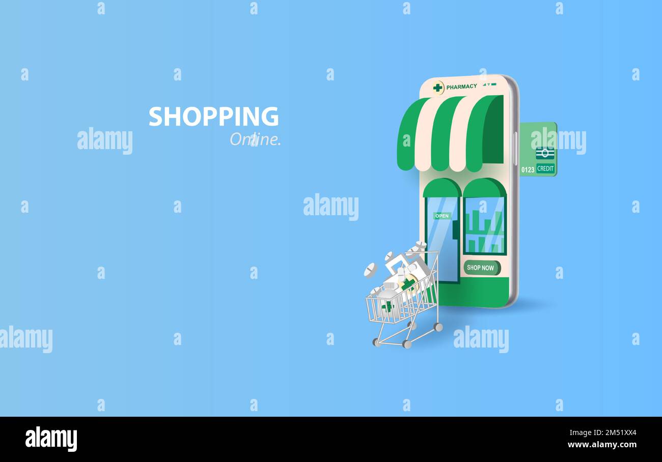 Pharmacie online.pills acheter en ligne avec le concept de smartphone. Écran de dispositif de pharmacie en ligne de soins de santé mobile.médicament mettre bouteille de pilules au patient Illustration de Vecteur