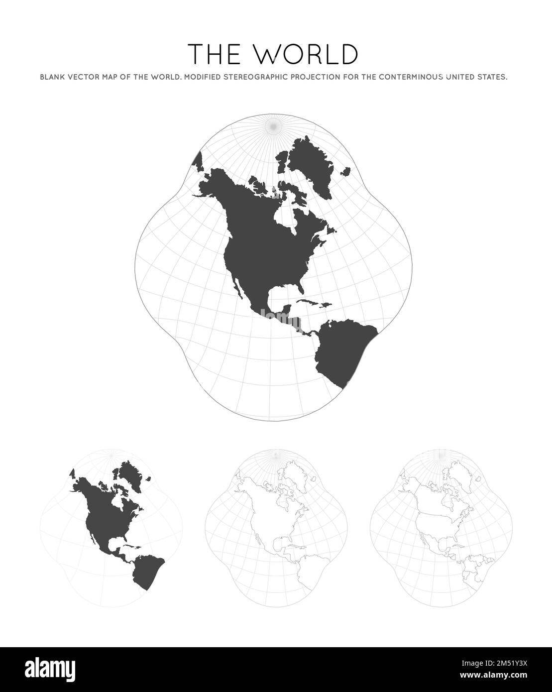 Carte du monde. Projection stéréographique modifiée pour les États-Unis contermineux. Globe avec lignes de latitude et de longitude. Carte du monde sur méridien Illustration de Vecteur