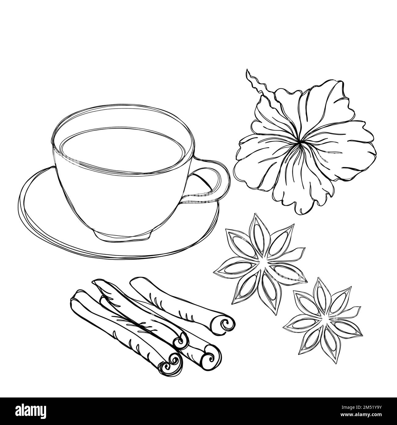 Line art - tasse de thé avec anis, fleurs d'hibiscus et bâtons de cannelle Banque D'Images