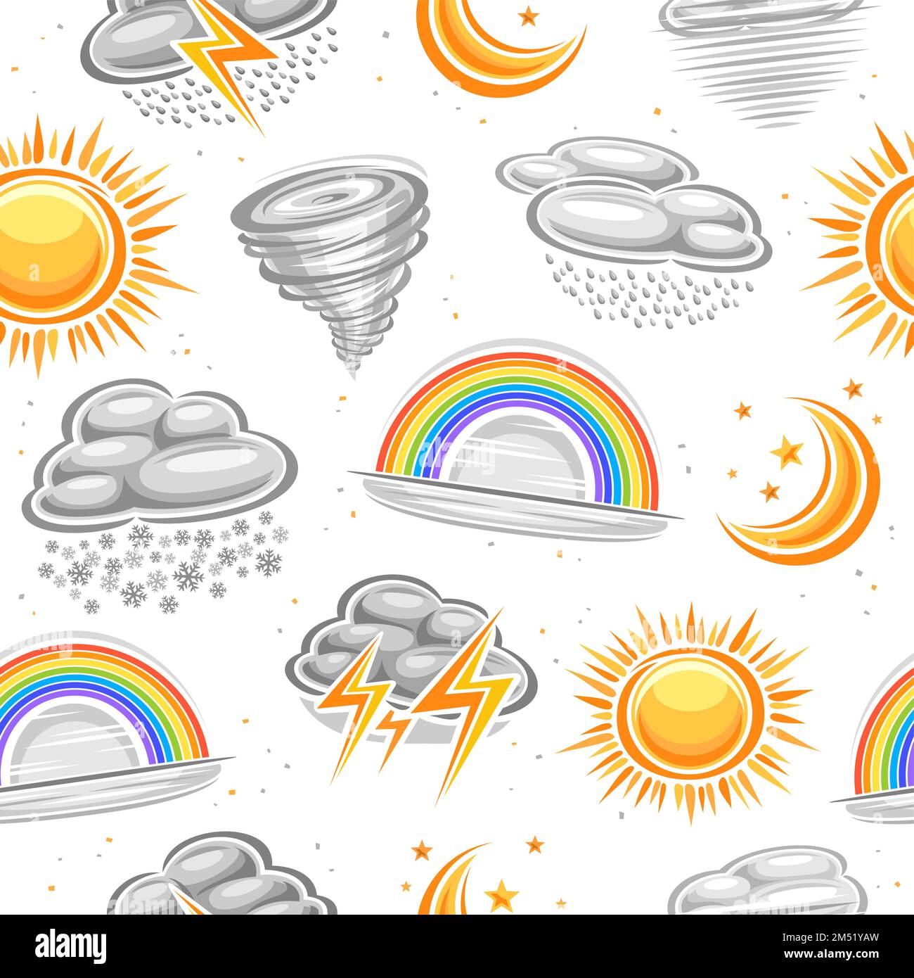 Symboles météorologiques vectoriels motif sans couture, répétition de l'arrière-plan avec illustration du soleil d'été, nuage gris neige d'hiver, lune avec étoiles sur fond blanc Illustration de Vecteur