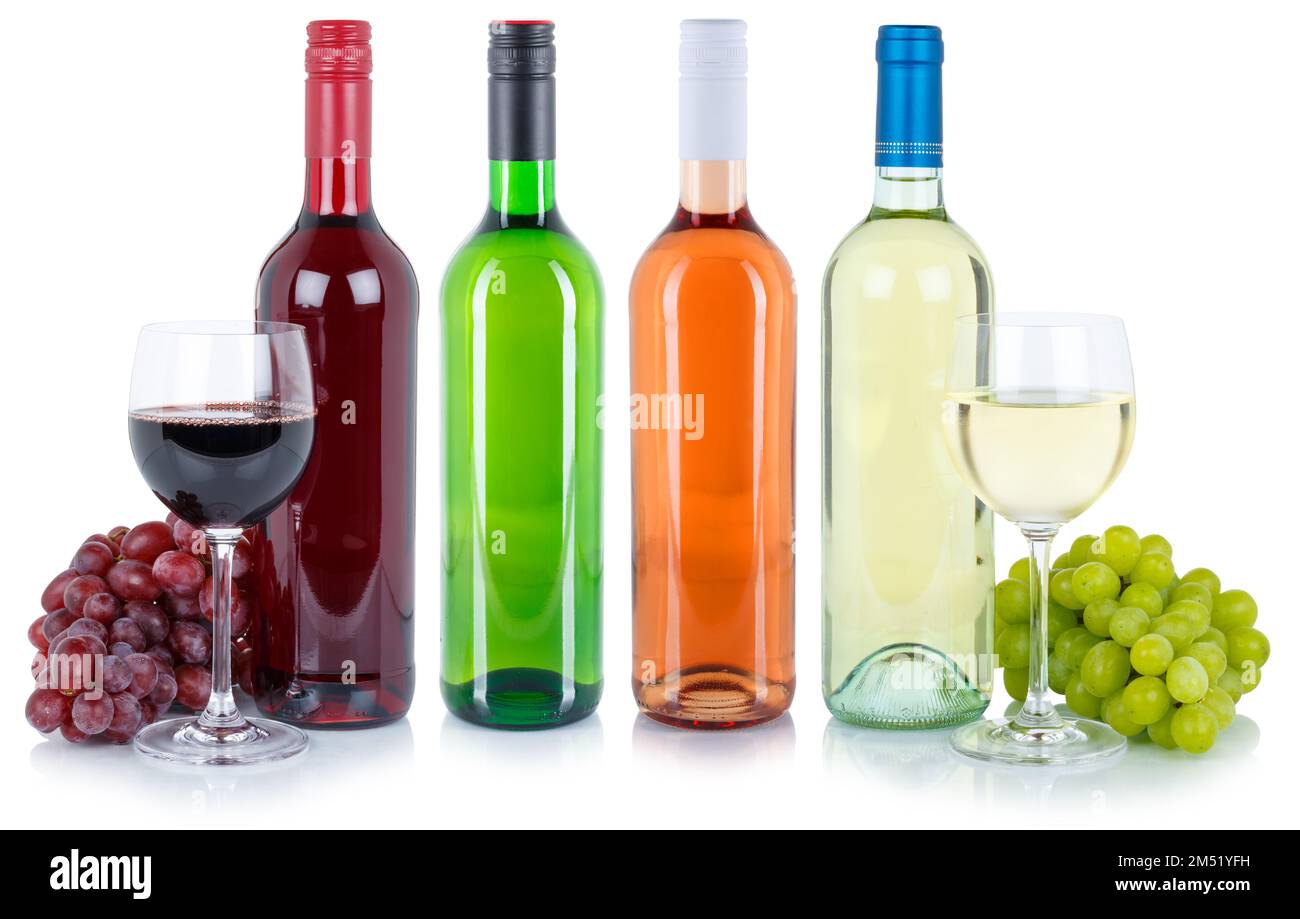 Vins groupe dégustation vin rouge blanc rose alcool raisins isolés sur fond blanc Banque D'Images
