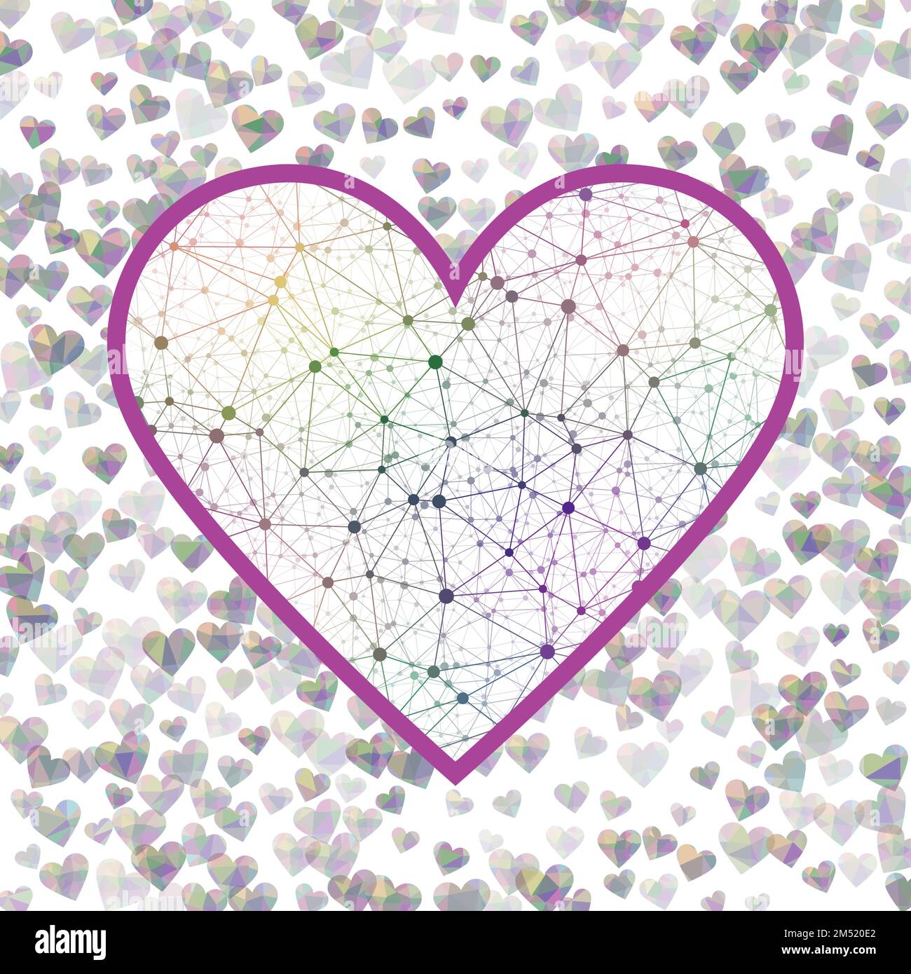 Cyber Valentine. Maille de coeur géométrique dans des nuances de couleurs contrastantes, connexions contrastantes. Illustration vectorielle de style réseau attrayante. Illustration de Vecteur