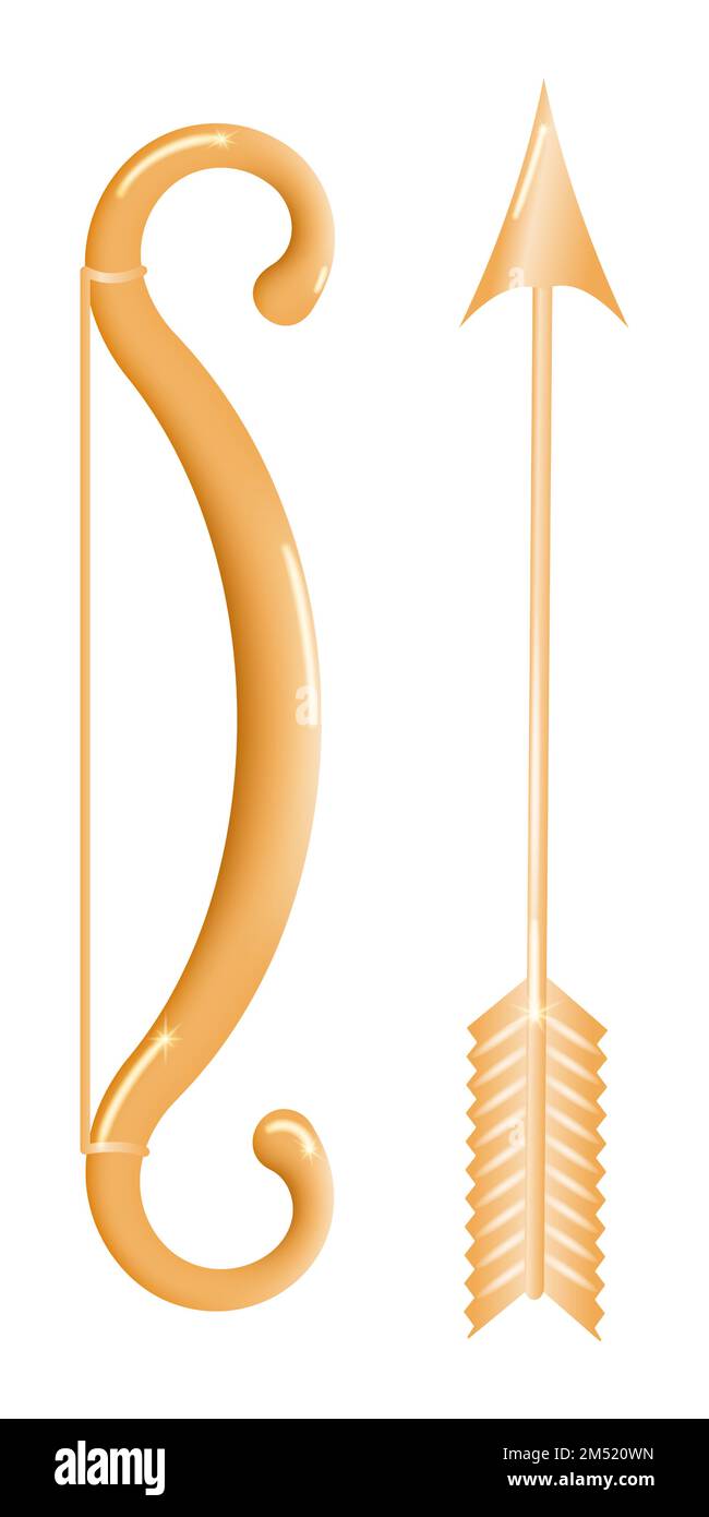 Arme de tir de flèches, typiquement faite d'un morceau de bois incurvé dont les extrémités sont jointes par une corde tendue. Arc de dessin animé avec flèche isolée sur blanc Illustration de Vecteur
